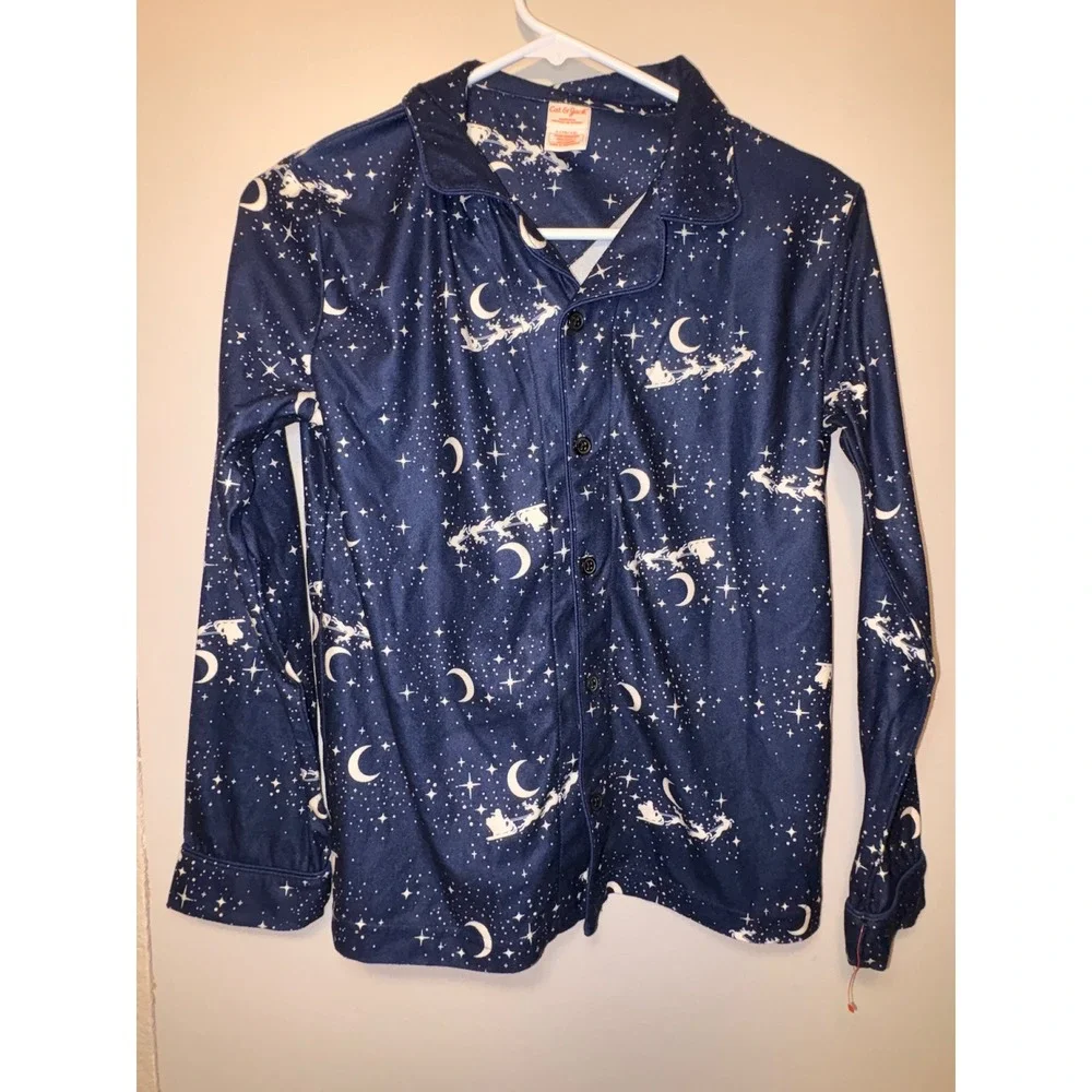 Cat & Jack Boys Navy Santa Sleigh Moon Star Pajama Top Long Sleeve Size L 10/12